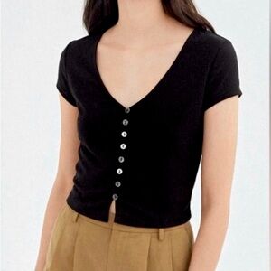 Reformation Ryder Button V-neck Crop Top Black 1X Like New